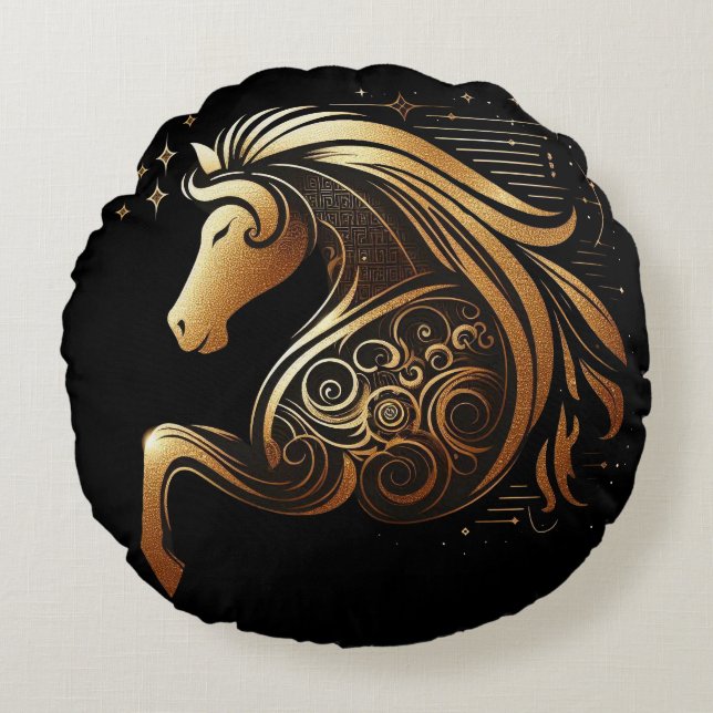 Almofada Redonda Capricorn Zodiac Gold Horse Astrology (Frente)