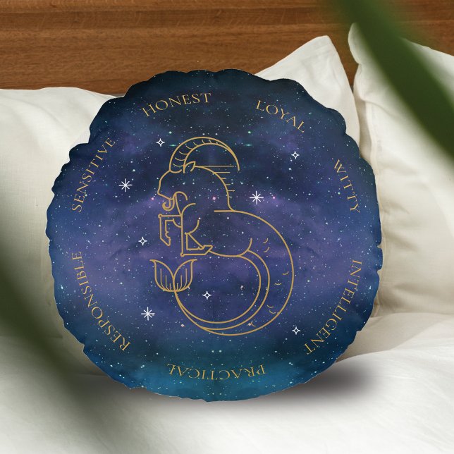 Almofada Redonda Capricórnio - Símbolo Zodíaco Traços de Personalid (Capricorn Zodiac Sign Astrology Personality Traits Round Pillow)