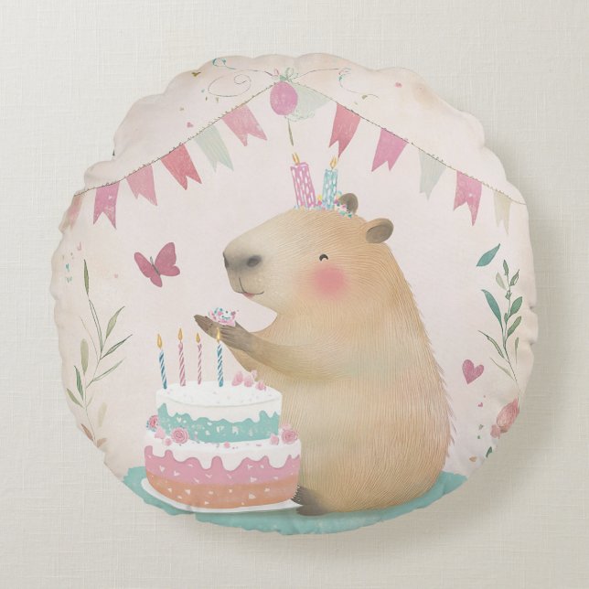 Almofada Redonda Capybara Birthday Bash Round Travesseiro decorativ (Frente)