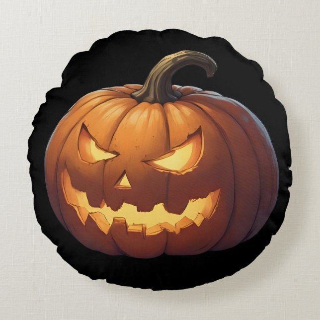 Almofada Redonda Cara de Abóbora Assustadora (Frente)