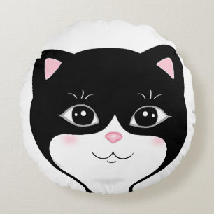 Almofada Redonda Cara de Gato Tuxedo Feliz Fofo