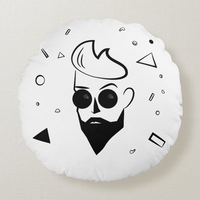 Almofada Redonda Cara selvagem - Homem esboçado em preto, branco e  (Frente)