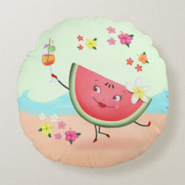 Almofada Redonda Caractere de melancia e praia em Cute