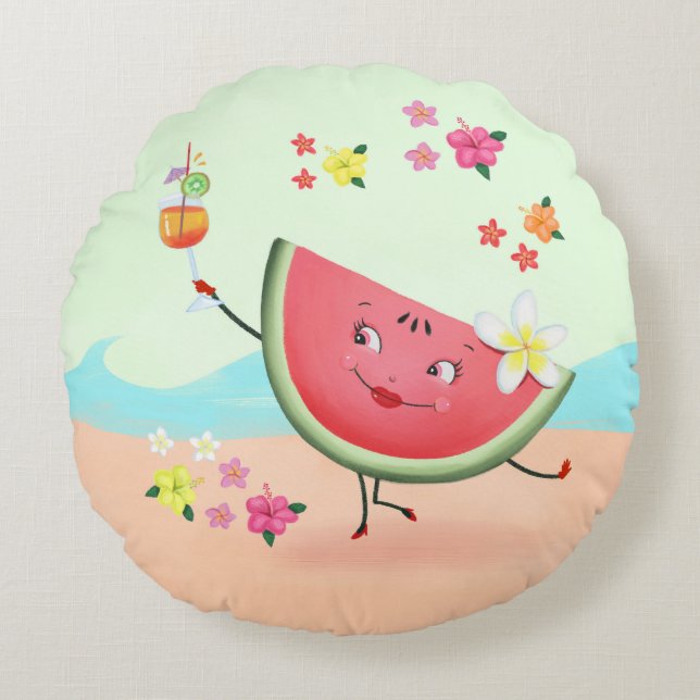Almofada Redonda Caractere de melancia e praia em Cute (Frente)