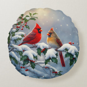 Almofada Redonda Cardeais-vermelhos e Azevinho na Neve
