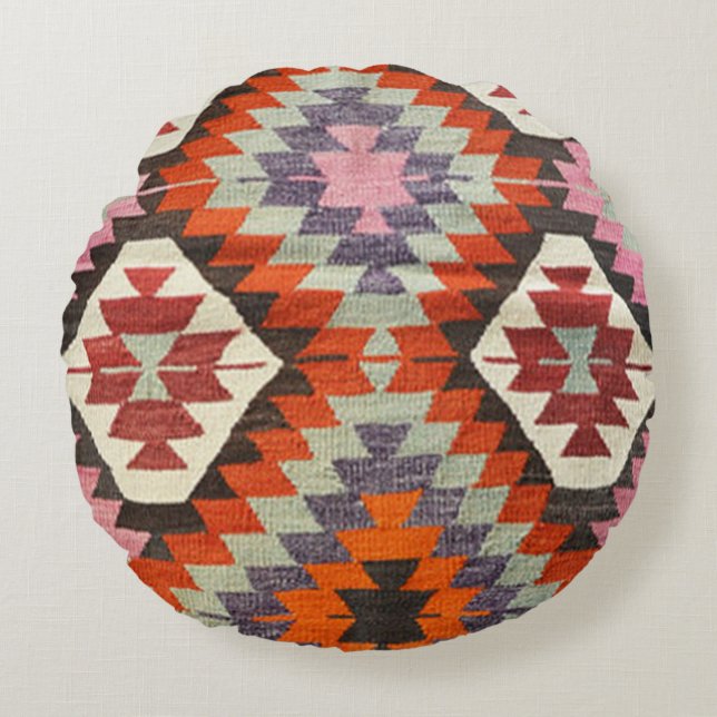 Almofada Redonda Carpete de Quilim Turco Oriental Antiquado (Frente)
