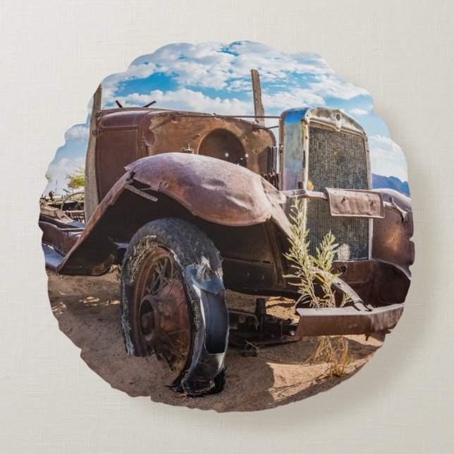 Almofada Redonda Carro antigo e abandonado 3 em Solitaire, Namíbia (Frente)