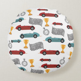 Almofada Redonda Carros De Corrida De Vintage, Retro Rápido, Azul E