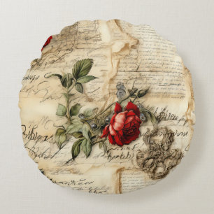 Almofada Redonda Carta de Amor em Pergaminho Vintage com Flores