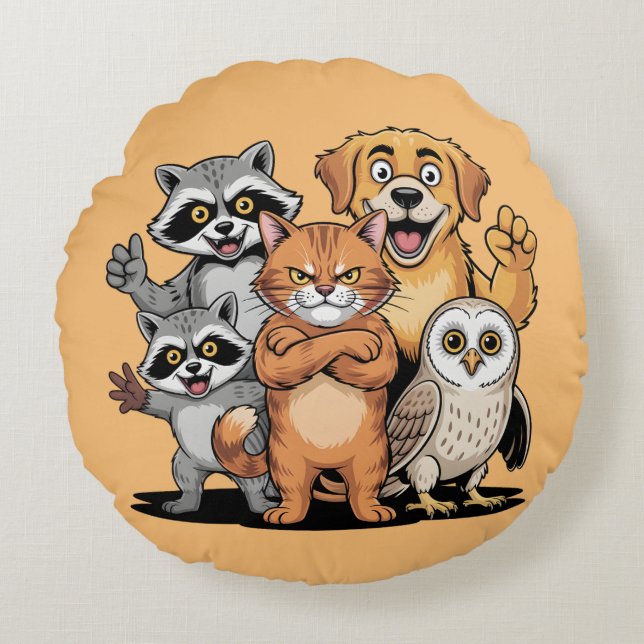Almofada Redonda Cartoon Animal Friends Team Illustration (Frente)