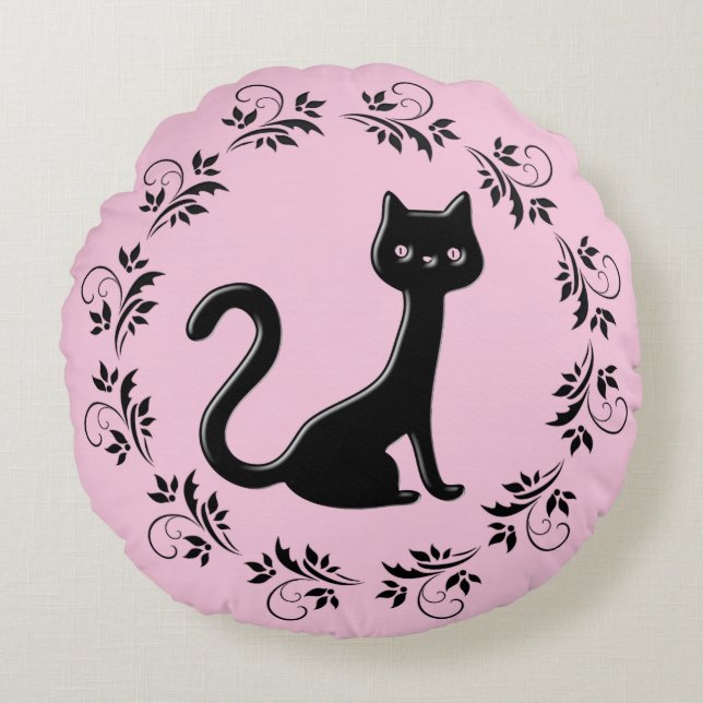 Almofada Redonda Cartoon de Kittens Pretos (Frente)