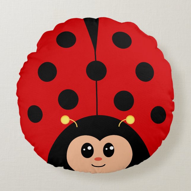 Almofada Redonda Cartoon de Lady Bug, Feliz e Bonita (Frente)