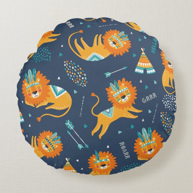 Almofada Redonda Cartoon de Leões Tribais Padrão Invisível (Frente)