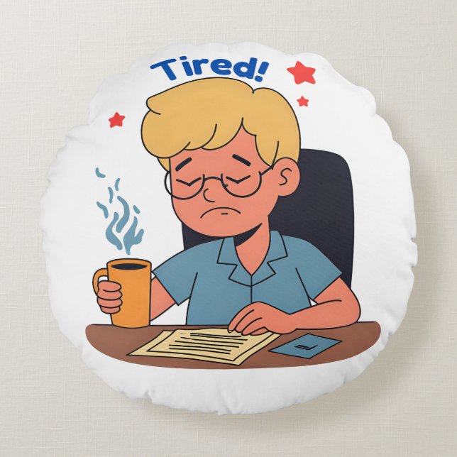 Almofada Redonda Cartoon do Office Worker Cansado - Café e Trabalho (Frente)