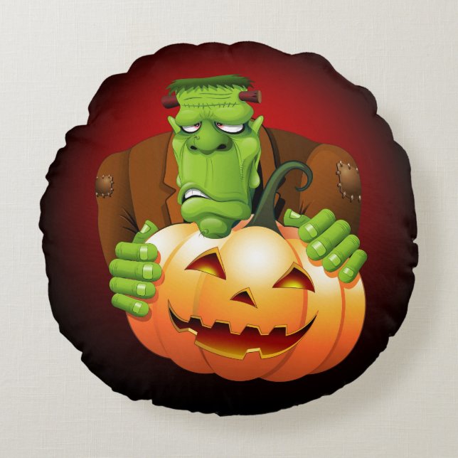 Almofada Redonda Cartoon Frankenstein Monster com Pumpkin (Frente)
