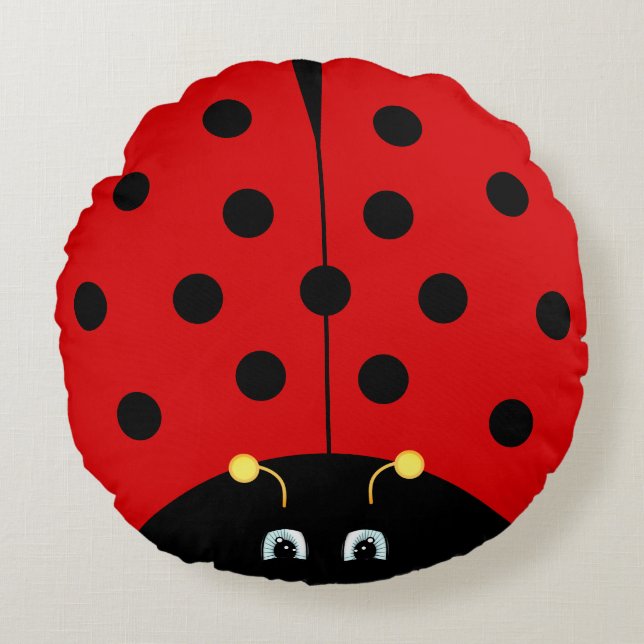 Almofada Redonda Cartoon Lady Bug Bonito em Preto e Vermelho (Frente)