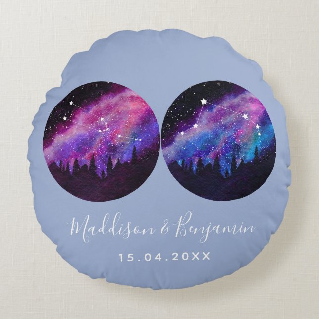 Almofada Redonda Casais Personalizados Zodiac Oferece Qualquer Horo (Frente)