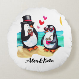 Almofada Redonda Casal de Pinguins Engraçados, Animais Apaixonados