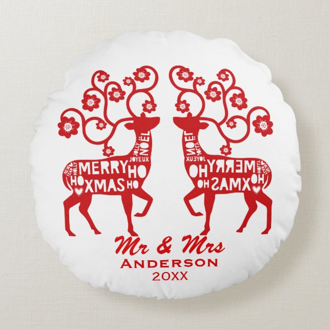 Almofada Redonda Casal Personalizado Red Nordic Reindeer (Frente)