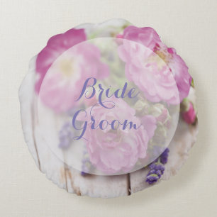 Almofada Redonda Casamento de Flor Selvagem de Rosa e Lavanda de Ve