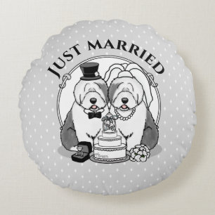 Almofada Redonda Casamento Old English Sheepdogs Noiva Noivo Cinza
