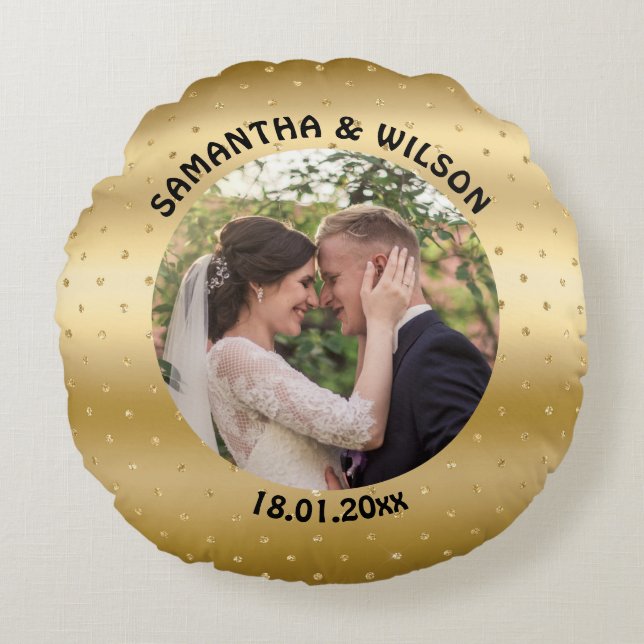 Almofada Redonda Casamento Personalizado | Fundo Dourado da Glitter (Frente)