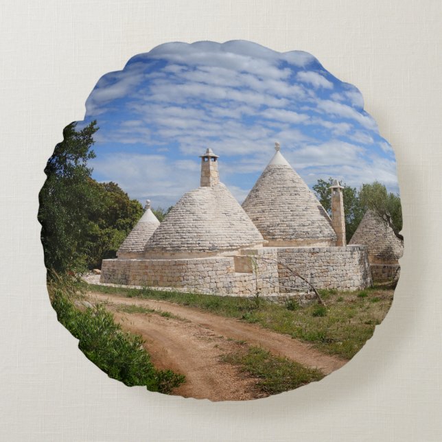 Almofada Redonda Casas de Trulli em Puglia/Apulia (Frente)