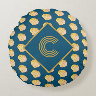 Almofada Redonda Cascas de Marinho azul-Dourado com aquarela monogr