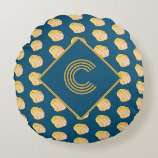 Almofada Redonda Cascas de Marinho azul-Dourado com aquarela monogr