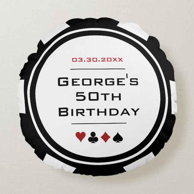 Almofada Redonda Casino Poker Chip Black and White Birday (Frente)