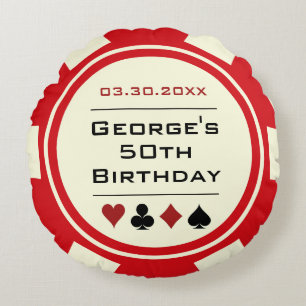 Almofada Redonda Casino Poker Chip Red e Cream Birthday