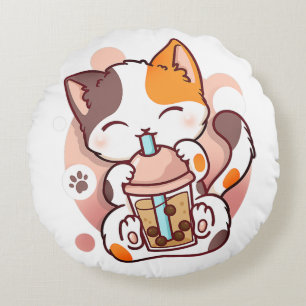 Almofada Redonda Cat Boba Tea Bubble Tea Anime Kawaii Neko para Gar
