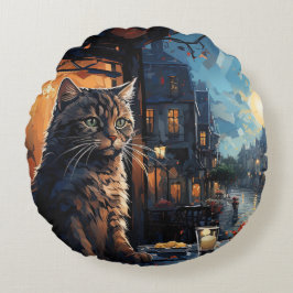 Almofada Redonda Cat e Café à Noite