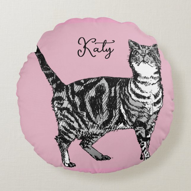 Almofada Redonda Cat Tabby Pastel Cats Girls Rose Pink Pets (Frente)