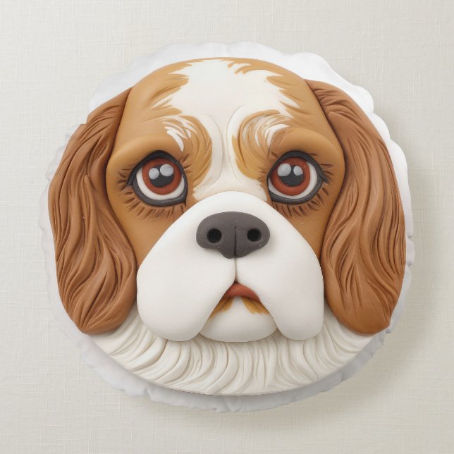Almofada Redonda Cavalier King Charles Spaniel Inspirado em 3D (Frente)