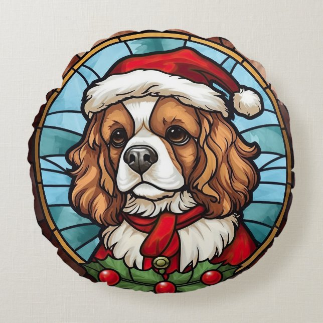Almofada Redonda Cavalier King Charles Spaniel Vidro Natal (Frente)