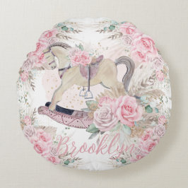 Almofada Redonda Cavalo de Balanço Floral Rosa Boho Pampas
