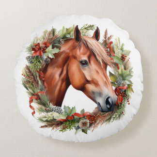 Almofada Redonda Cavalo de castanha e passas de Natal Aquarela