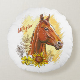 Almofada Redonda Cavalo de desenho manual elegante com plantas e fl