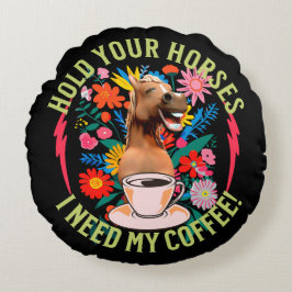 Almofada Redonda Cavalo Engraçado Humor de Amante de Café