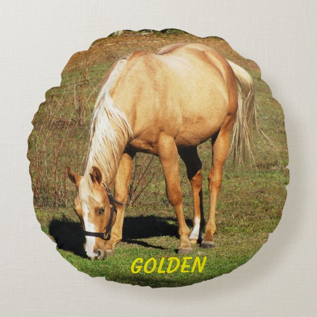 Almofada Redonda Cavalo Palomino Majestoso - Fotografia de Belas Ar (Frente)