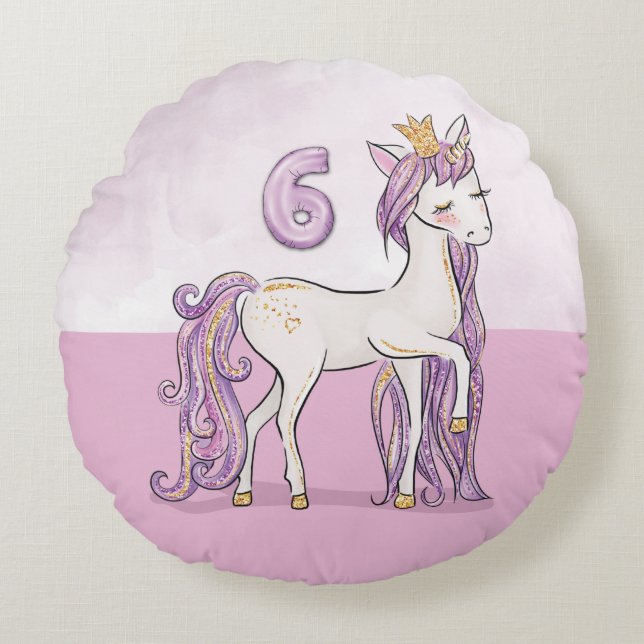 Almofada Redonda Cavalo Rosa De Aniversário Com 6 De Nome Personali (Frente)