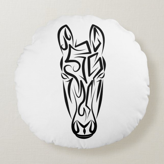 Almofada Redonda Cavalo Tribal Negro e Branco (Frente)
