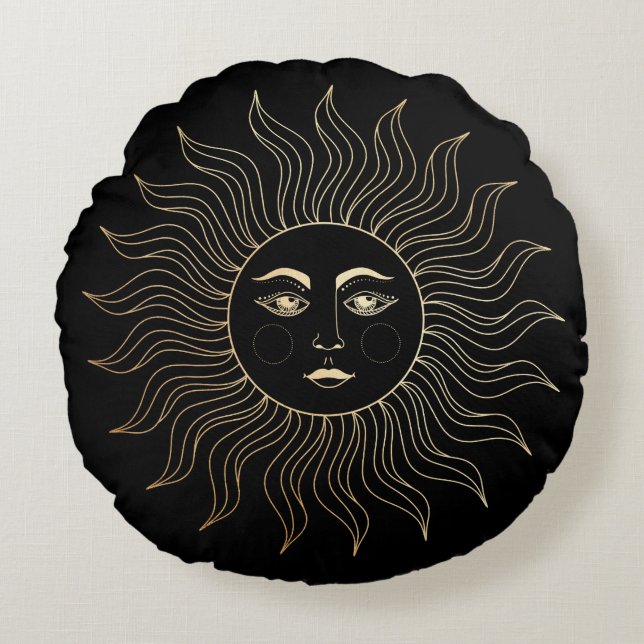 Almofada Redonda Celestial Faux Dourado Sun Vintage Black (Frente)