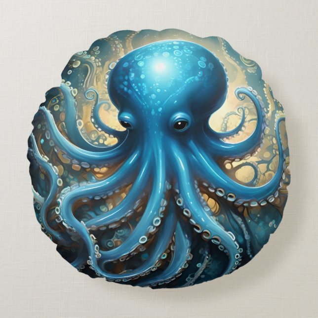 Almofada Redonda Celestial Waves: The Blue Octopus Fractal Art (Frente)