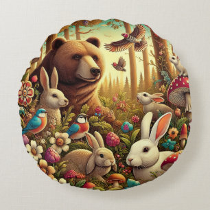 Almofada Redonda Cena Caprichosa do Bosque com Animais Fofos