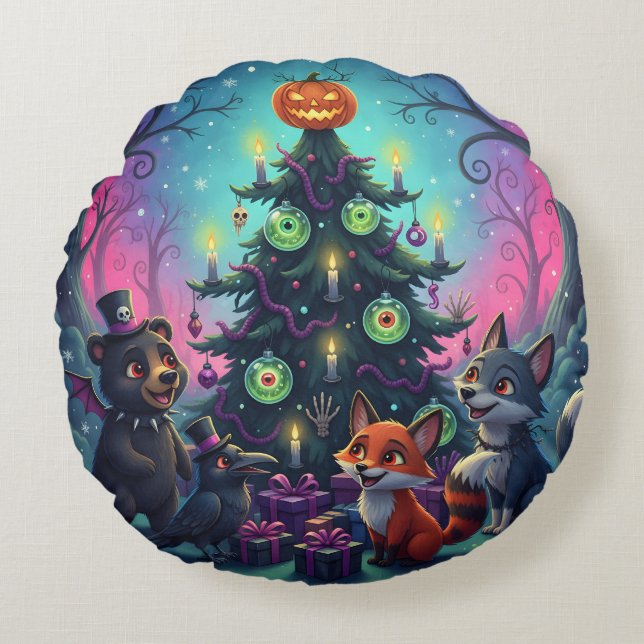 Almofada Redonda Cena de Árvore do Hallow Xmas (Frente)