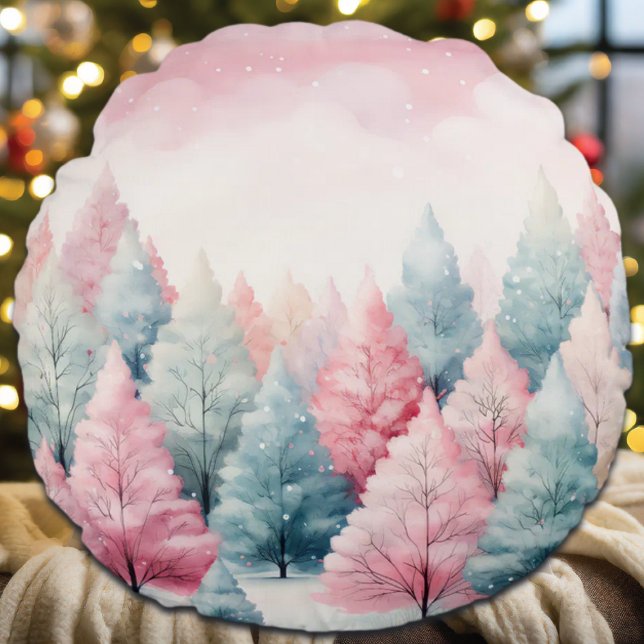 Almofada Redonda Cena de inverno das Árvores de Quartel e Rosa (Criador carregado)