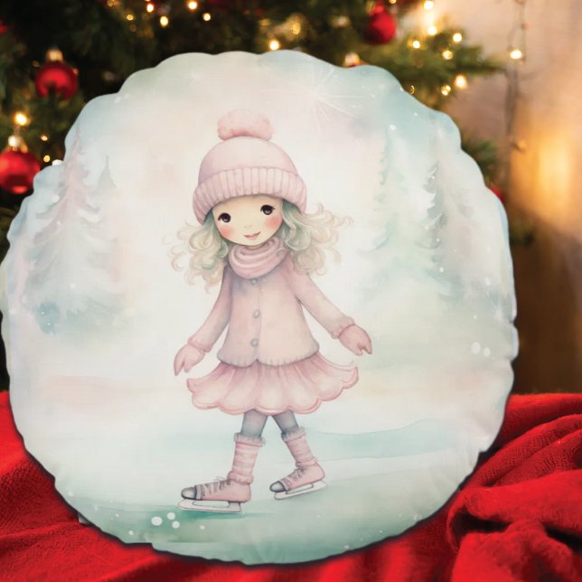 Almofada Redonda Cena de Inverno Rosa e Mint (Criador carregado)