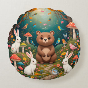 Almofada Redonda Cena de Madeira Whimsical com Animais Cutes